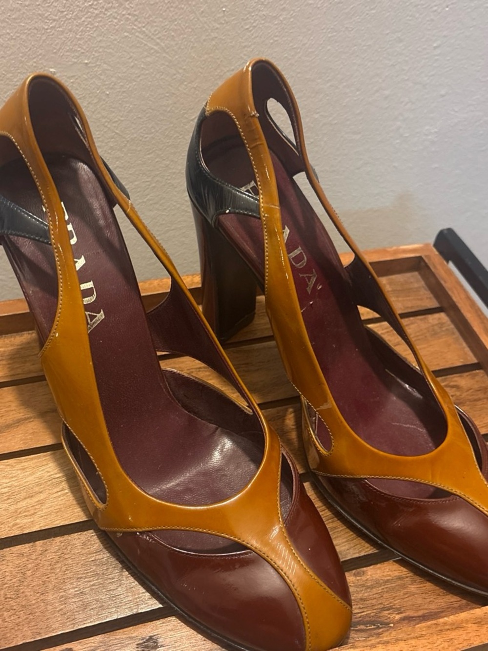 Prada Two-Tone Brown and Mustard Leather Pumps. Spring/Summer 2000s Collection